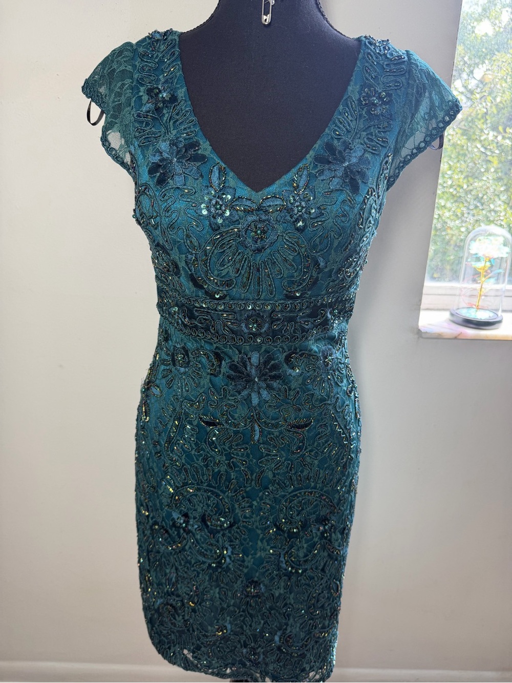 Sue Wong Nocturne Teal Beaded Lace V-Neck Cocktail Dress Size 4
